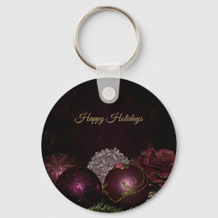 Christmas Party Pink Ornament Green Leaves Black Keychain