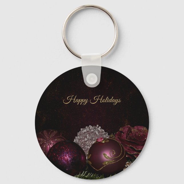 Christmas Party Pink Ornament Green Leaves Black Keychain (Front)