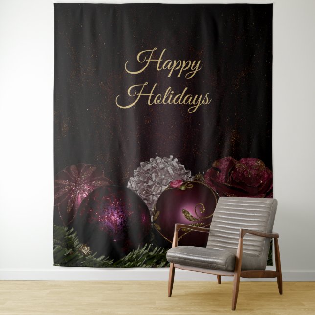Christmas Party Pink Ornament Green Leaves Black Tapestry (In Situ)