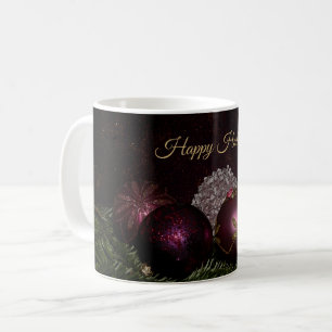 Christmas Party Pink Ornaments Green Leaves Black Coffee Mug