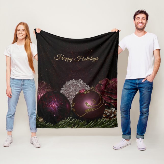 Christmas Party Pink Ornaments Green Leaves Black Fleece Blanket (In Situ)