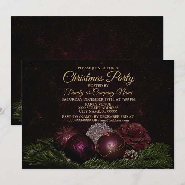Christmas Party Pink Ornaments Green Leaves Black Invitation (Front/Back)