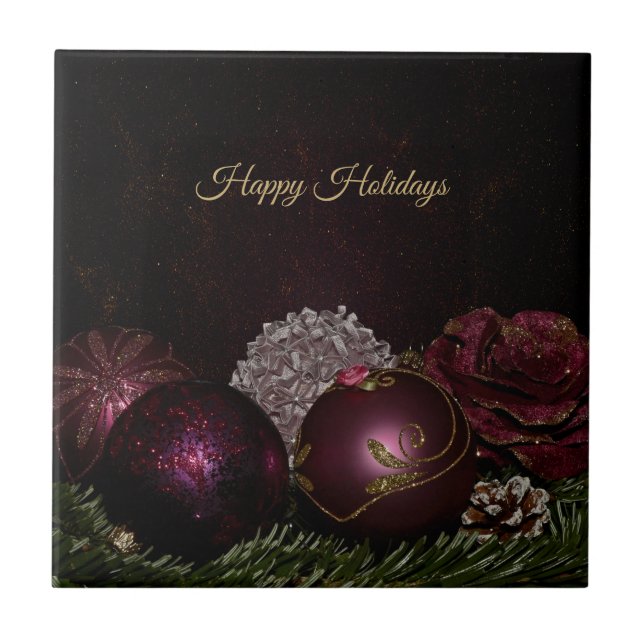 Christmas Party Pink Ornaments Green Leaves Black Tile (Front)