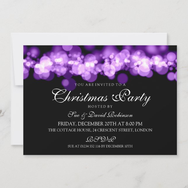 Christmas Party Purple Bokeh Lights Invitation (Front)