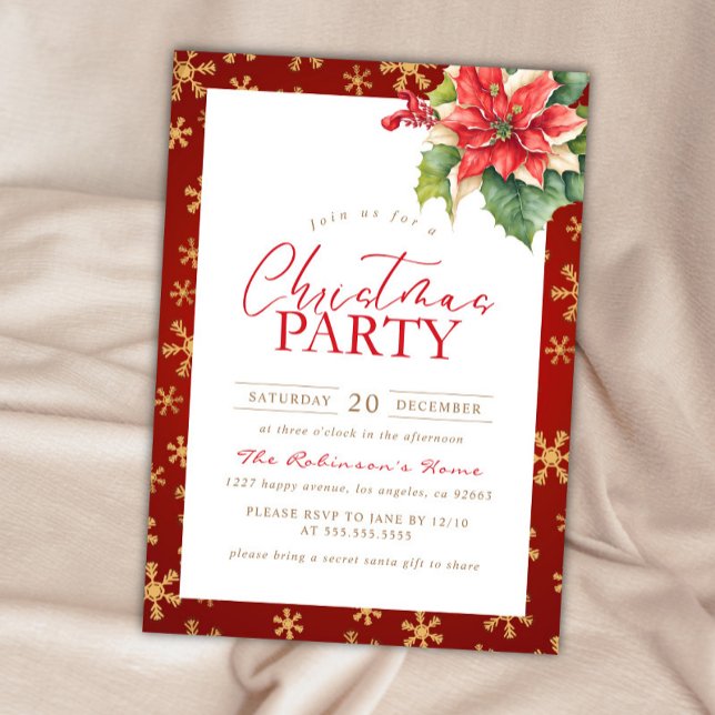 Christmas Party Red And Gold Holly Poinsettia Invitation (Creator Uploaded)