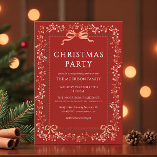 Christmas Party Red Bow Modern Holiday Invitation
