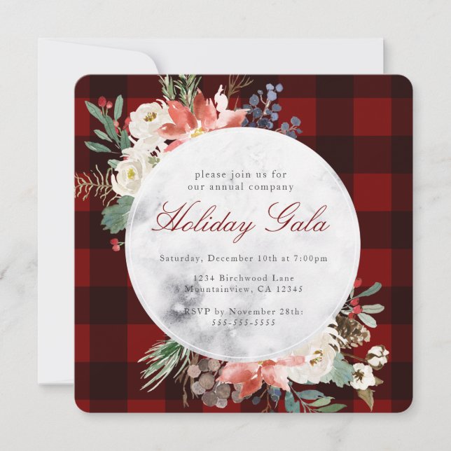 Christmas Party Red Buffalo Plaid Wreath Invitation (Front)