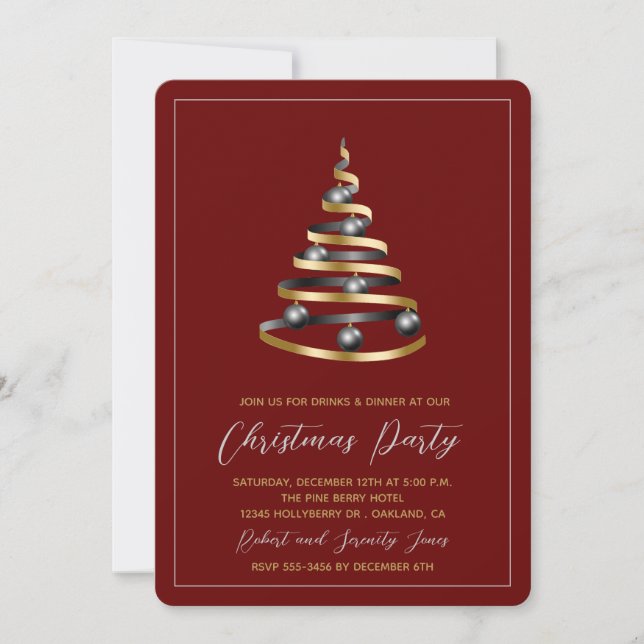 Christmas Party Red Gold Tree Invitation (Front)