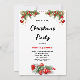 Christmas party red green baubles invitatio invitation