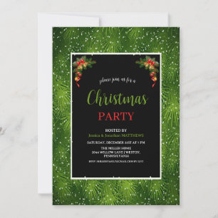 CHRISTMAS PARTY Red Green Ornament Pine Snow Invitation