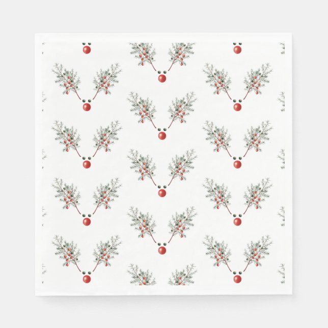 Christmas Party Red Nosed Reindeer Pine Berries Napkin (Front)