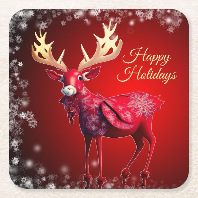 Christmas Party Red Reindeer White Snowflakes Square Paper Coaster (Front)