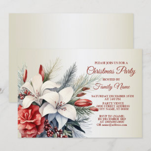 Christmas Party Red White Flowers Holidays Elegant Invitation