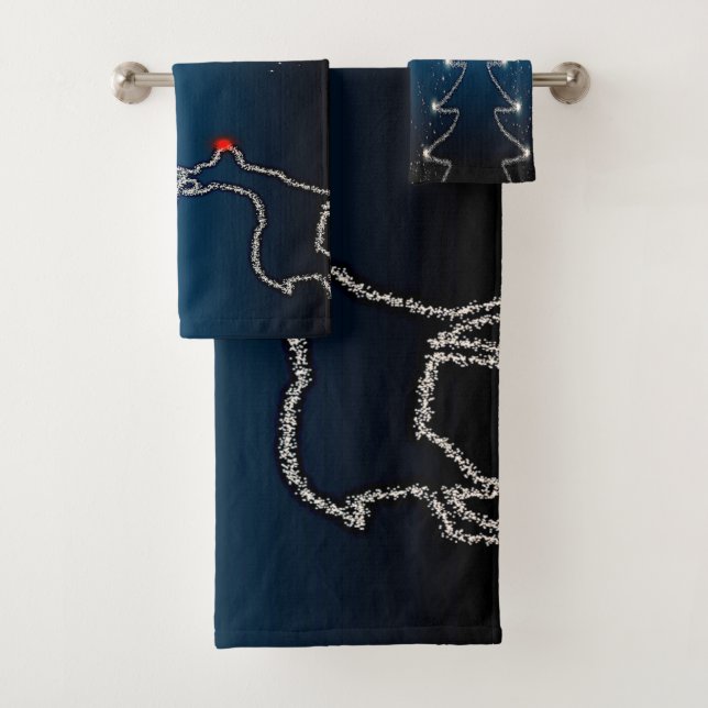 Christmas Party Reindeer Tree Blue Sky Shiny Stars Bath Towel Set (Insitu)