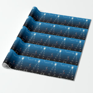 Christmas Party Reindeer Tree Blue Sky Shiny Stars Wrapping Paper