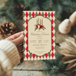 Christmas party retro red green argyle elegant invitation