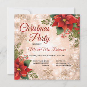Christmas Party Rose Gold Sparkle Poinsettia Invitation