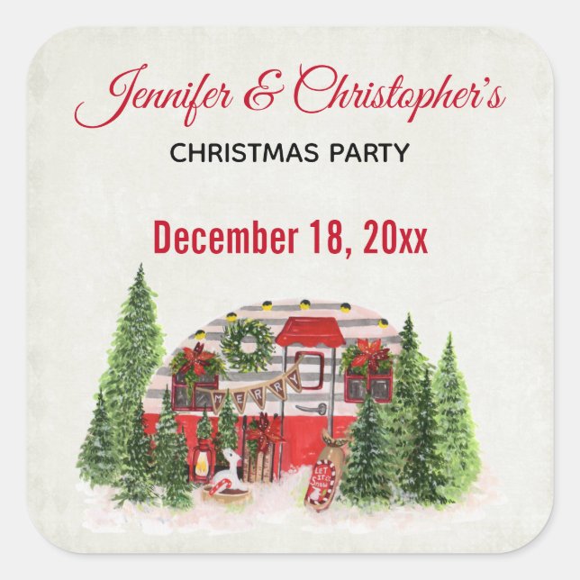 Christmas Party Rustic Camper Save the Date Square Sticker (Front)