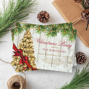 Christmas Party   Rustic Gold Tree & Red Ribbon  Invitation