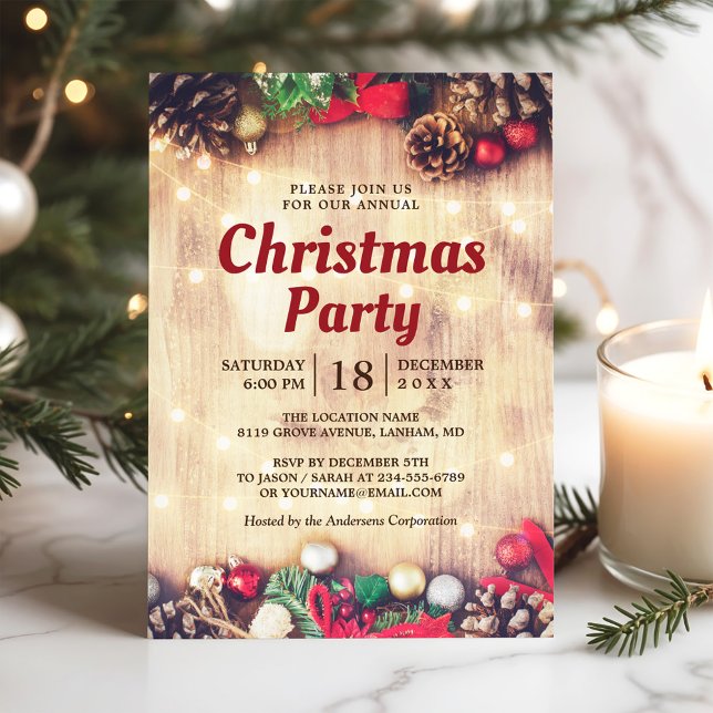 Christmas Party Rustic String Lights Pine Cones Invitation (Creator Uploaded)