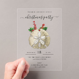 Christmas Party Sand Dollar Holly Berries Coastal Acrylic Invitations