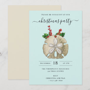 Christmas Party Sand Dollar Holly Berries Coastal Invitation