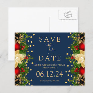 Christmas Party Save The Date Gold Floral Navy Announcement Postcard