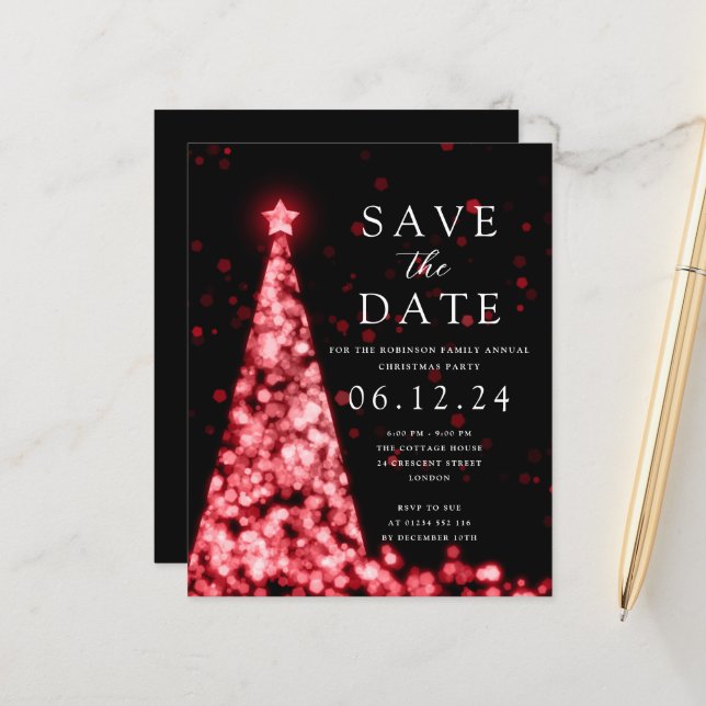 Christmas Party Save The Date Tree Red Invite (Front/Back In Situ)