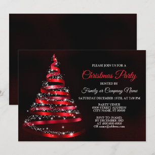 Christmas Party Shiny Red Ribbon Tree Sparkle Invitation