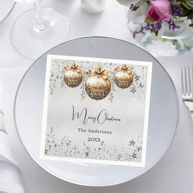 Christmas party silver baubles stars napkin (Creator Uploaded)