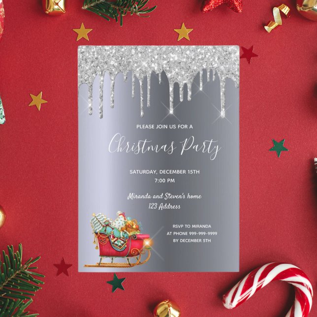 Christmas party silver glitter drips sleigh Santa Invitation (Creator Uploaded)
