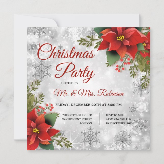 Christmas Party Silver Sparkle Red Poinsettia  Invitation (Front)