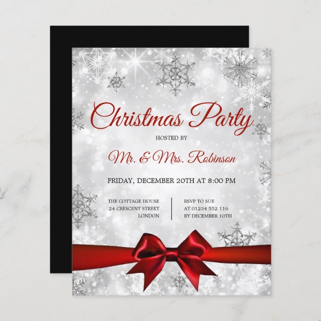 Christmas Party Silver Winter Sparkle Red Ribbon (Front/Back)