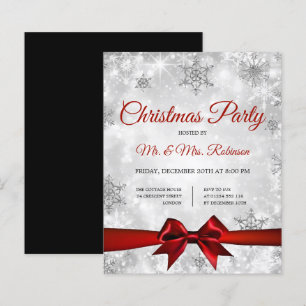 Christmas Party Silver Winter Sparkle Red Ribbon