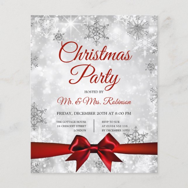 Christmas Party Silver Winter Sparkle Red Ribbon Flyer (Front)