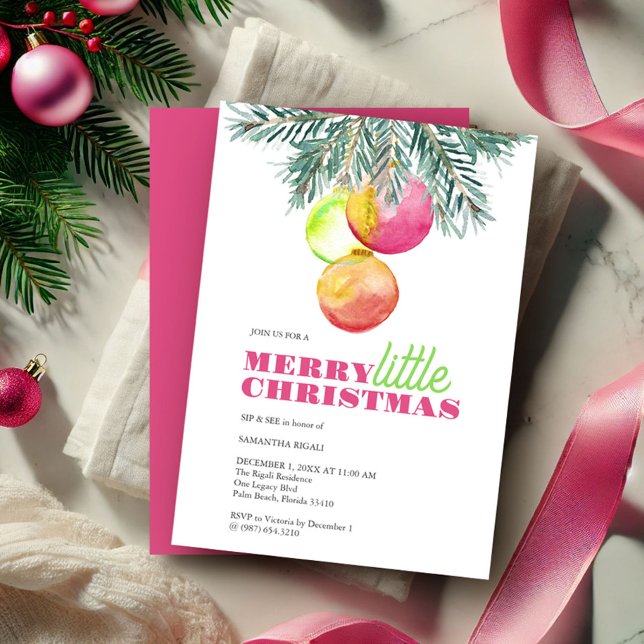 Christmas Party Sip and See Invitation (Sip & see winter baby shower girl invitation watercolor pink bauble & pine bows Victoria Grigaliunas)