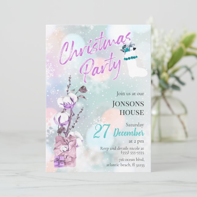 Christmas Party Snowfall Cotton Invitation (Standing Front)