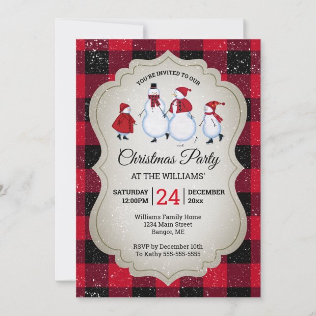 Christmas Party Snowman Skating Buffalo Plaid Invitation (Front)