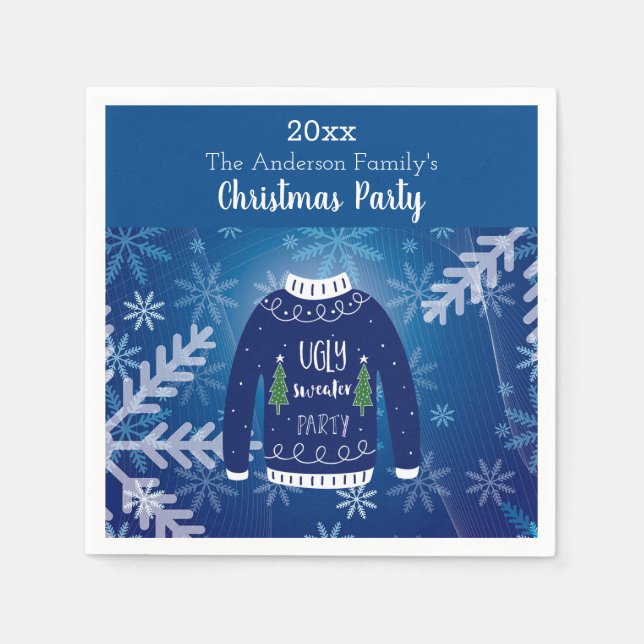 Christmas party ugly sweater blue snowflakes white napkin (Front)
