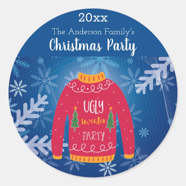 Christmas party ugly sweater red blue snowflakes classic round sticker (Front)