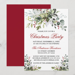 Christmas Party Watercolor Greenery Red Berries Invitation