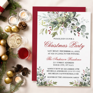 Christmas Party Watercolor Greenery Red Berries Invitation