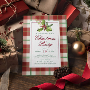Christmas Party Watercolor Holly Plaid Postcard