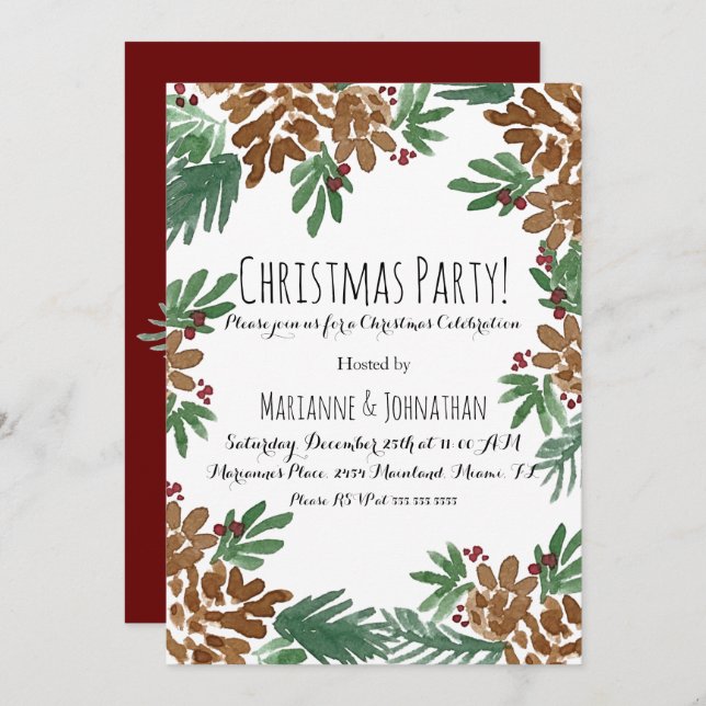 Christmas Party Watercolor Pinecones Greenery Art Invitation (Front/Back)
