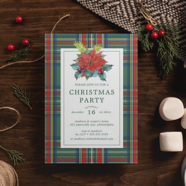 Christmas Party | Watercolor Poinsettia Plaid Postcard (Creator Uploaded)