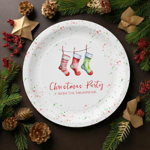 Christmas Party Watercolor Stockings Custom Paper Plate