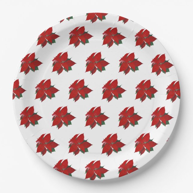 Christmas Party Watercolour Poinsettia Pattern Paper Plate (Front)