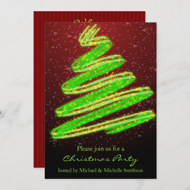 Christmas Party Wavy Green Modern Tree Invitation (Front/Back)