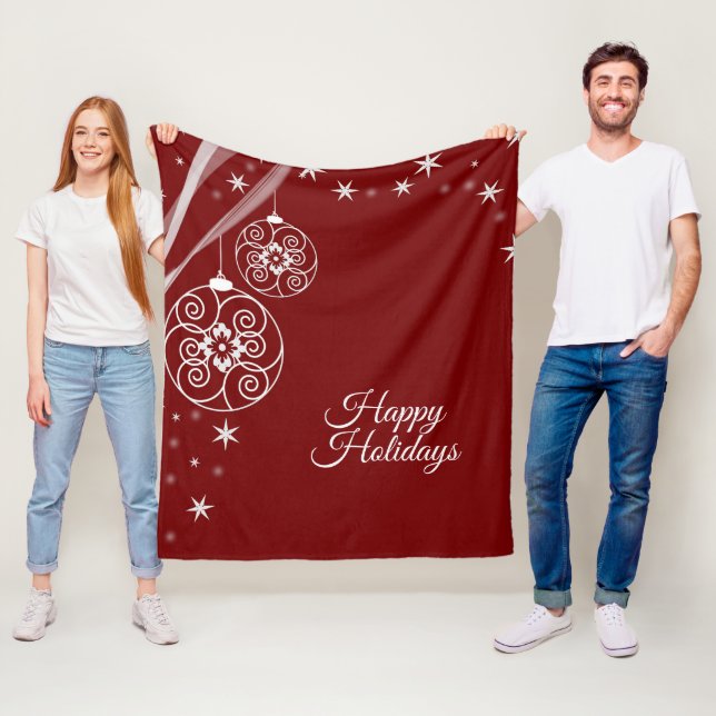 Christmas Party White Ornaments Stars Red Elegant Fleece Blanket (In Situ)