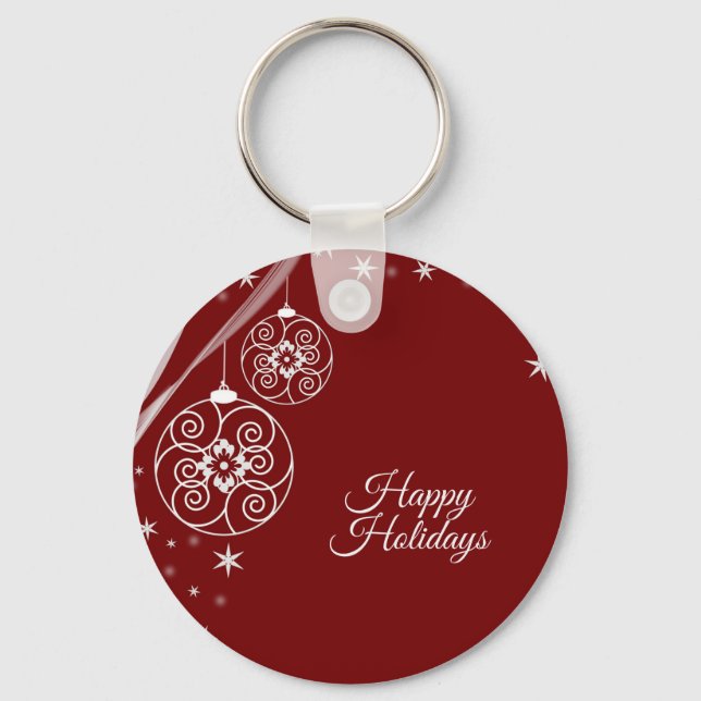 Christmas Party White Ornaments Stars Red Elegant Keychain (Front)